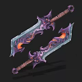 Two Decorative Fantasy Swords With Purple Ornaments Orange Glowing Details And Intricate Hilt Design