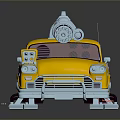 Yellow Modified Taxi Model With Roof Mechanical Parts Checker Pattern Large Wheels And Reflective Base