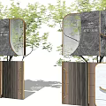 Modern Building Exterior Wall With Gray Stone Curved Glass Metal Accents And Green Plants