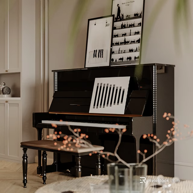 Artistic Musical Instruments And Art Supplies Display With Piano Drawing Board And Paintbrushes 3d model 