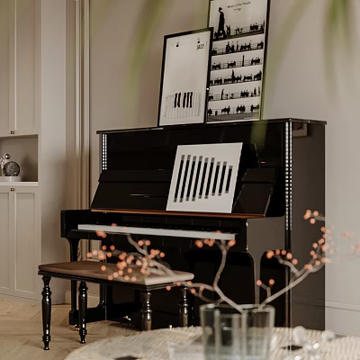 Artistic Musical Instruments And Art Supplies Display With Piano Drawing Board And Paintbrushes 3d model