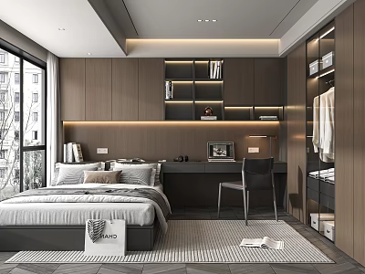 Modern Tatami Bedroom Interior with Bed Desk Built-in Bookshelves Lighting and Wooden Wardrobe 3d model