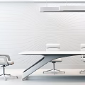 Modern Office Desk Setup With Wavy Line Wall Two Gray Chairs And White Table Lamp