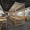 Modern Minimalist Restaurant Interior With Wooden Partitions Dining Tables Chairs Wall Decor And Beverage Cooler