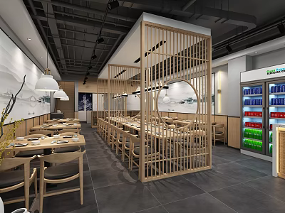 Modern Minimalist Restaurant Interior With Wooden Partitions Dining Tables Chairs Wall Decor And Beverage Cooler 3d model