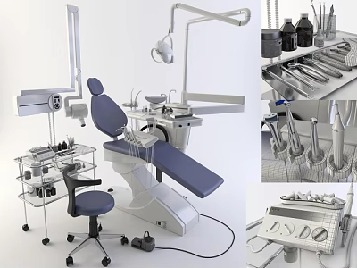 Professional Dental Medical Equipment Setup With Chair Lamp Instrument Tray And Tools 3d model