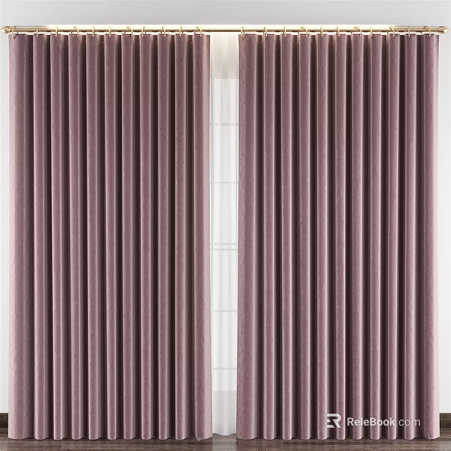 Luxurious Purple Pleated Curtains Hanging With Natural Light Through Window 3d model 
