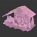 Miniature Wooden Cabin Model With Brown Tiled Roof Wooden Clock Green Trees And Figurines