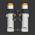 Silver And Yellow Binoculars With Black Connecting Parts On Black Surface With Reflections