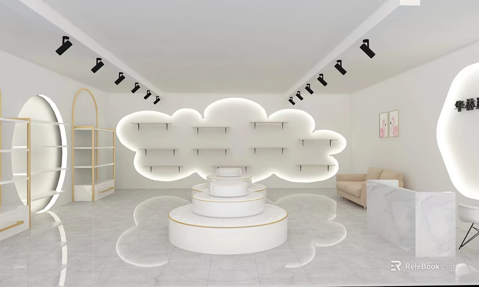 Modern Boutique Store Interior With Cloud Shaped Shelves Circular Display Platform Spotlights And Sofa 3d model 
