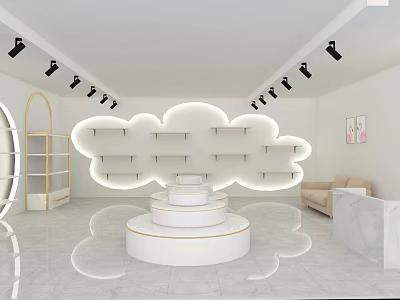 Modern Boutique Store Interior With Cloud Shaped Shelves Circular Display Platform Spotlights And Sofa 3d model