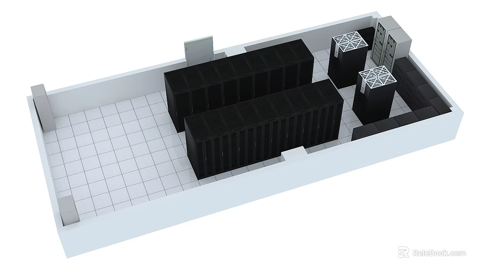 Data Center Room Layout Featuring Black Server Racks White Grid Floor And Equipment 3d model