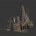 Aged Ruined Scene With Wooden Scaffolding Rocky Mountain And Broken Platforms