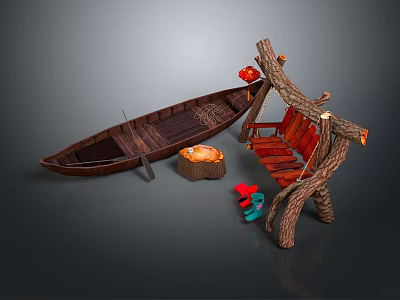 Rustic Wooden Scene Design With Boat Tree Stump Seat Table And Red Decorations 3d model
