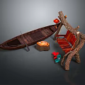 Rustic Wooden Scene Design With Boat Tree Stump Seat Table And Red Decorations
