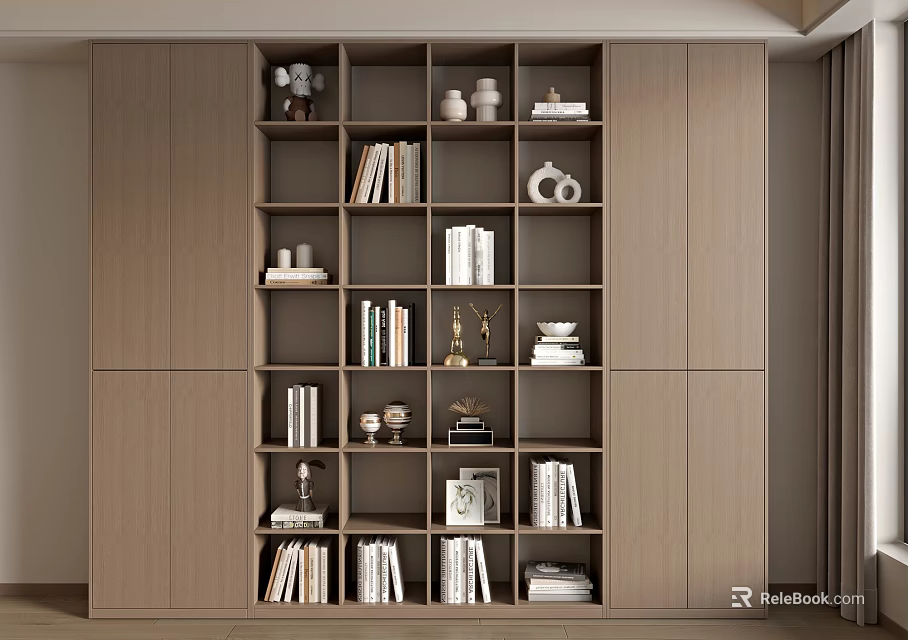Modern Wooden Bookcase With Multiple Shelves Books Decorative Vases And Photo Frames 3d model 