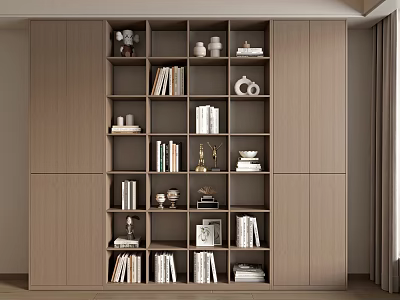 Modern Wooden Bookcase With Multiple Shelves Books Decorative Vases And Photo Frames 3d model