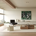 Modern Living Room with Green Artwork Large Windows Black Chair White Bench Wooden Coffee Table 3d model