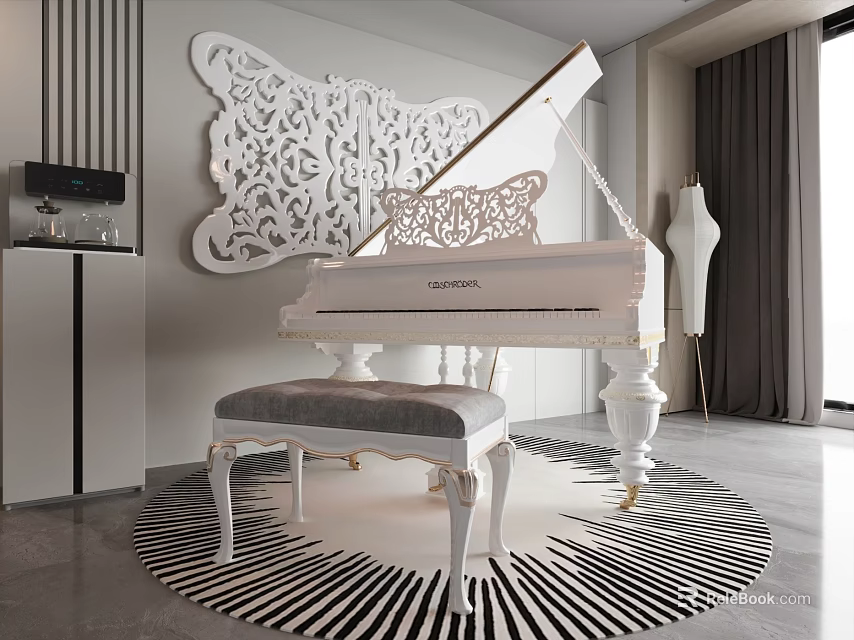 Modern Piano Room Featuring White Grand Piano Butterfly Decorative Wall and Black White Striped Rug 3d model 
