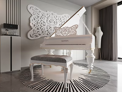 Modern Piano Room Featuring White Grand Piano Butterfly Decorative Wall and Black White Striped Rug 3d model