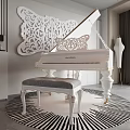 Modern Piano Room Featuring White Grand Piano Butterfly Decorative Wall and Black White Striped Rug