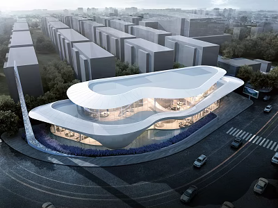 Modern Sales Office Building with Curved Roof and Illuminated Facade in Urban Context 3d model
