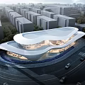 Modern Sales Office Building with Curved Roof and Illuminated Facade in Urban Context 3d model