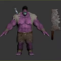 Purple Skinned Muscular Creature Character With Mask Shoulder Device And Large Axe Weapon