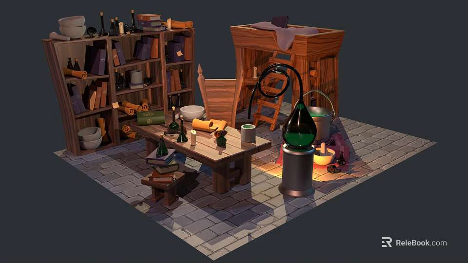 Cartoon Alchemist Workshop Scene With Bookshelf Wooden Table Chair Distillation Apparatus Bottles Bowls And Bread 3d model 
