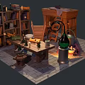 Cartoon Alchemist Workshop Scene With Bookshelf Wooden Table Chair Distillation Apparatus Bottles Bowls And Bread