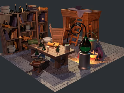 Cartoon Alchemist Workshop Scene With Bookshelf Wooden Table Chair Distillation Apparatus Bottles Bowls And Bread 3d model