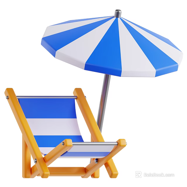 Beach Themed Decorative Ornament Set with Blue White Striped Umbrella and Wooden Beach Chair 3d model 