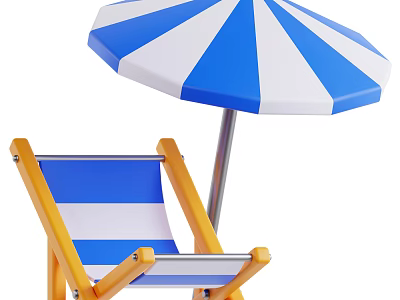 Beach Themed Decorative Ornament Set with Blue White Striped Umbrella and Wooden Beach Chair 3d model