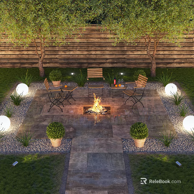 Courtyard Garden With Stone Patio Fire Pit Wooden Chairs And Outdoor Lights 3d model 