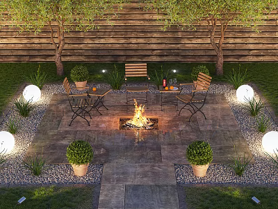 Courtyard Garden With Stone Patio Fire Pit Wooden Chairs And Outdoor Lights 3d model