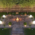 Courtyard Garden With Stone Patio Fire Pit Wooden Chairs And Outdoor Lights