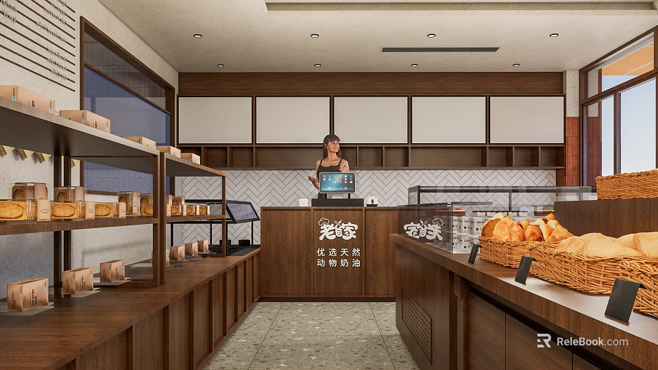 Cozy Dessert Shop Interior Featuring Wooden Counter Fresh Pastries And Bread On Shelves 3d model 