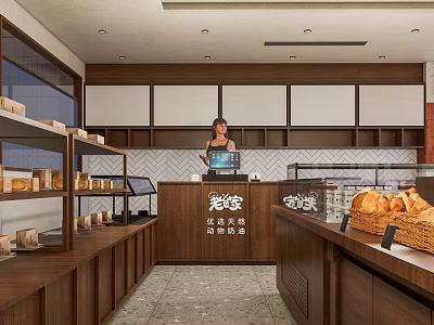 Cozy Dessert Shop Interior Featuring Wooden Counter Fresh Pastries And Bread On Shelves 3d model