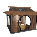 Garden Landscape Featuring Wooden Pavilion With Traditional Roof Circular Openings And Wicker Furniture