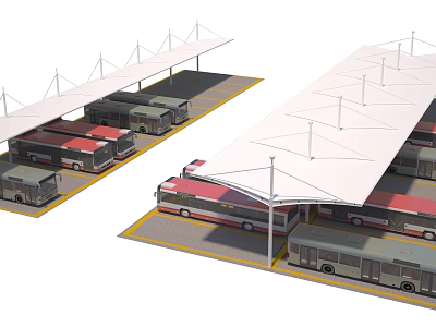 Bus Stop Sunshade Canopy Covering Multiple Buses In Outdoor Transportation Hub 3d model