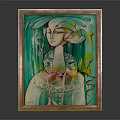 Vibrant Golden Framed Painting With Detailed Female Figure Green Leaves And Reflective Surface