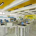 Modern School Computer Classroom Interior With Yellow Desks Computers And Bright Ceiling 3d model
