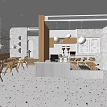Modern Dessert Shop Interior with White Counter Wooden Tables and Pastry Display Case