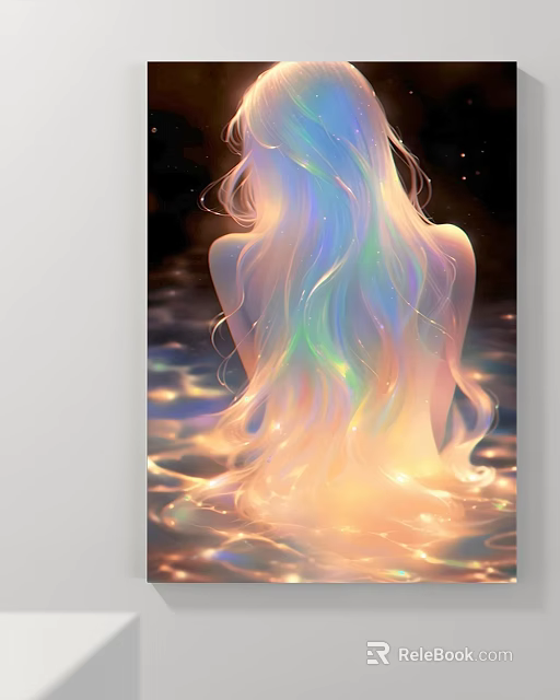 Portrait of Woman Back View with Long Rainbow Colored Glowing Hair and Dark Water Reflections 3d model 