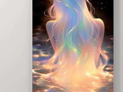 Portrait of Woman Back View with Long Rainbow Colored Glowing Hair and Dark Water Reflections 3d model