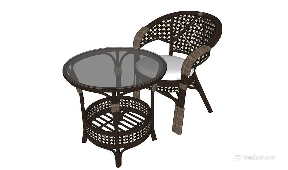 Outdoor Rattan Table and Chair Set Featuring Round Glass Top and Wicker Armchair Design 3d model 