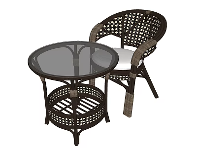 Outdoor Rattan Table and Chair Set Featuring Round Glass Top and Wicker Armchair Design 3d model