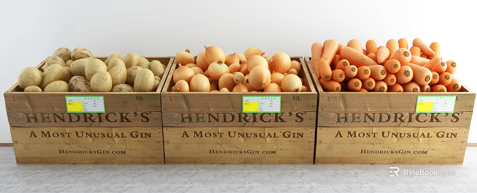 Fresh Vegetables Including Potatoes Onions And Carrots In Wooden Crates With Hendrick’s Label 3d model 