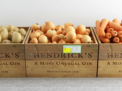 Fresh Vegetables Including Potatoes Onions And Carrots In Wooden Crates With Hendrick’s Label 3d model