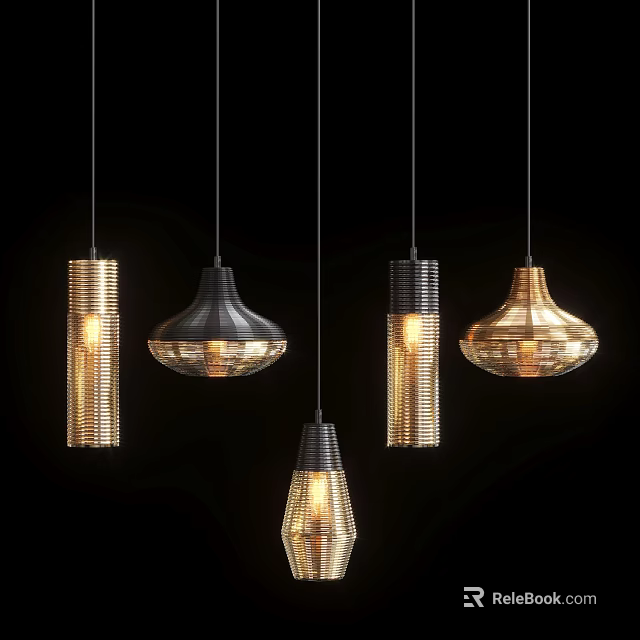 Modern Pendant Lights With Different Shapes Metallic Finishes And Textured Details 3d model 
